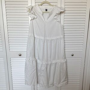 White Ruffled Shoulder Pinstripe Midi Dress